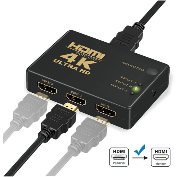 Exeller HDMI Splitter - 3 Input, 4K Switch with Remote for Home - Image 2